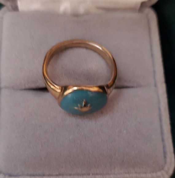 Vintage Gold Tone & Blue Emamel Turquoise Celstial Star Ring Size 7 Mid Mod - Picture 6 of 7